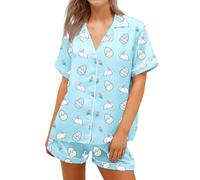 Womens Easter Bunny Pajamas Set Rabbit Print Button Shirts Tops and Shorts Set 2 Pieces Loungewear Soft Sleepwear Outfits (A Bunny&Egg Blue, L)