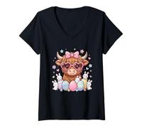 Women's Easter Day Highland Cow Cute Easter Bunny Kawaii Farm Anima V-Neck T-Shirt