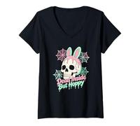 Women's Easter Dead Inside But Hoppy Skull Bunny Pastel Goth V-Neck T-Shirt