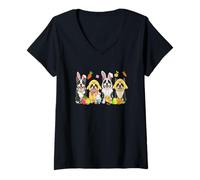 Women's Easter Group Boston Terriers Cosplay Bunny Hunting Eggs V-Neck T-Shirt