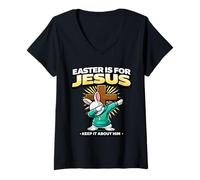 Women's Easter is for Jesus Keep It About Him Funny Christian Bunny V-Neck T-Shirt