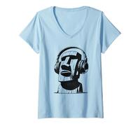 Women's Easter Island Moai with Headphones V-Neck T-Shirt