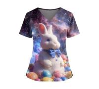 Womens Easter Scrub Tops Women Bunny Printed Healthcare V Neck Cute Easter Rabbit Eggs Scrubs Tunics with Pockets Short Sleeve Nurse Workwear Beauty Tunic Medical Uniforms(Light Purple, XL)