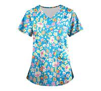 Womens Easter Scrubs Tops Short Sleeve V Neck Tunic Graphics Dressy Doctors Tops Comfy Healthcare Casual Mock Wrap Tops Holiday Healthcare Work Shirt UK