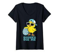 Women's Easter Sunday Chicks Dig Me Funny Chicken Lover Boys Kids V-Neck T-Shirt