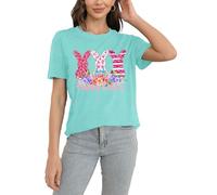 Womens Easter T Shirt Happy Easter Bunny Rabbit T-Shirt Casual Loose Wildflowers Tee Tops Blue