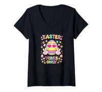 Women's Easter Vibes Only Cool Bunny Egg Funny Kids Teens Hippie V-Neck T-Shirt
