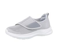Womens Easy Fasten Trainers Touch Fasten Mens Wide Fitting Shoe Breathable Mesh Trainers Lightweight Older Shoes Comfortable Patient Sneakers Arch Support Walking Sneakers for Couple Grey