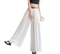 Womens Easy Moving Cotton Linen Wide Leg Skirt Pants With High Waist For Beach Trips And City Exploration(L White with belt)