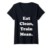 Womens Eat Clean Train Mean Fitness Motivation Funny Saying V-Neck T-Shirt