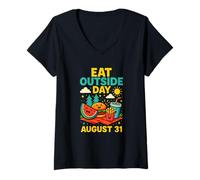 Womens Eat Outside Day August 31 Picnic Outdoor Fun Summer Food V-Neck T-Shirt