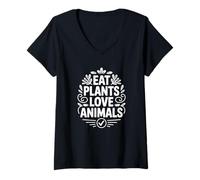Women's Eat Plants Love Animals - Funny Vegan V-Neck T-Shirt