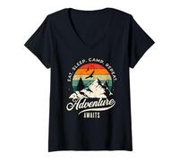 Women's Eat Sleep Camp Repeat Adventure Awaits Camping Wilderness V-Neck T-Shirt