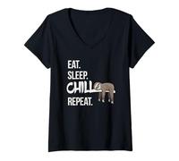 Womens Eat Sleep Chill Repeat Cute Lazy Chilling Sloth V-Neck T-Shirt