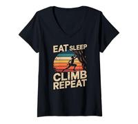 Womens Eat Sleep Climb Repeat Rock Climbing Retro V-Neck T-Shirt