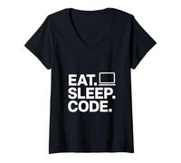 Womens Eat Sleep Code Minimalist Laptop Developer Design V-Neck T-Shirt