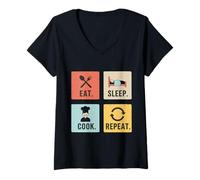 Womens Eat Sleep Cook Repeat Funny Chef Design V-Neck T-Shirt