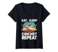 Womens Eat Sleep Cricket Repeat Retro Cricket Player Bowler Batsman V-Neck T-Shirt