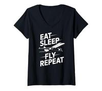 Womens Eat Sleep Fly Repeat Pilot Airplane Travel V-Neck T-Shirt