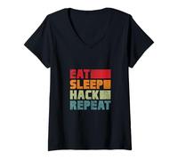 Womens Eat Sleep Hack Repeat Hacker Programmer Hacking Vintage V-Neck T-Shirt