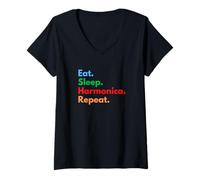 Womens Eat Sleep Harmonica Repeat for Harmonica Players and Lovers V-Neck T-Shirt