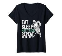Women's Eat Sleep Hat Trick Repeat Funny Ice Hockey Player Man Woman V-Neck T-Shirt