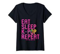 Womens Eat Sleep K-Pop Repeat Funny Kpop and Anime Lover Quote V-Neck T-Shirt