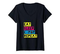 Womens Eat Sleep K-Pop Repeat Music Fan Korean Pop Kpop Fangirl V-Neck T-Shirt
