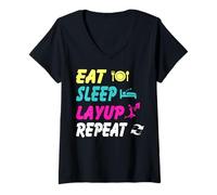 Womens Eat Sleep Layup Repeat Basketball Humor V-Neck T-Shirt