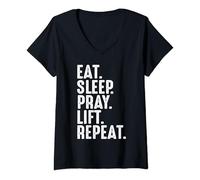 Womens Eat Sleep Pray Lift Repeat Christian Workout Weightlifter V-Neck T-Shirt