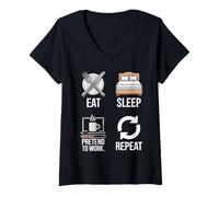 Womens Eat Sleep Pretend to Work Repeat Funny Office Humor V-Neck T-Shirt