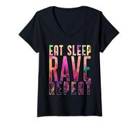 Womens Eat Sleep Rave Repeat Colorful Party Design V-Neck T-Shirt