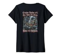 Women's Eat Sleep Repeat Cruise Funny Skeleton Pirate Gothic V-Neck T-Shirt