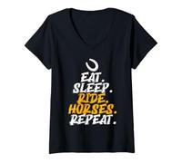 Womens Eat Sleep Ride Horses Repeat Equestrian Humor Fan V-Neck T-Shirt
