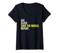 Women's Eat Sleep Save The World Repeat Funny Save The World V-Neck T-Shirt, Black, Small