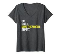 Women's Eat Sleep Save The World Repeat Funny Save The World V-Neck T-Shirt, Dark Heather Grey, X-Large