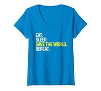Women's Eat Sleep Save The World Repeat Funny Save The World V-Neck T-Shirt, Sapphire Blue, Medium