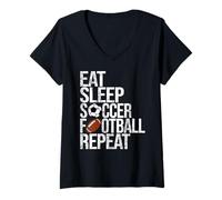 Womens Eat Sleep Soccer Football Repeat Funny Ball V-Neck T-Shirt