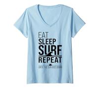 Women's Eat Sleep Surf Repeat Funny Surfer Beach Ocean Lifestyle V-Neck T-Shirt