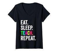 Womens Eat Sleep Teach Repeat Retro Vintage Distressed, Teacher V-Neck T-Shirt
