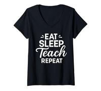 Womens Eat Sleep Teach Repeat Teaching Teacher V-Neck T-Shirt