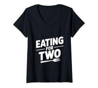 Women's Eating for Two Cute Baby Bump Pregnancy Humor V-Neck T-Shirt