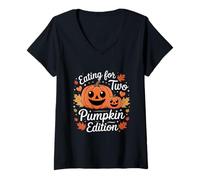 Womens Eating for Two Pumpkin Edition Cute Fall Pregnancy Halloween V-Neck T-Shirt