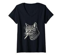 Women's Edgy Cat with Cigarette Neon Green Outline Art V-Neck T-Shirt