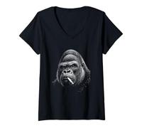 Women's Edgy Gorilla Smoking Cigarette Engraving Style Primate Art V-Neck T-Shirt