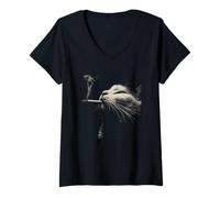 Women's Edgy Smoking Cat Bright Green Eyes Halftone Style V-Neck T-Shirt