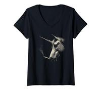 Women's Edgy Smoking Unicorn Halftone Art Mythical Creature Design V-Neck T-Shirt