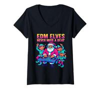 Womens EDM Elves Never Miss a Beat | Funny Santa DJ Christmas Party V-Neck T-Shirt