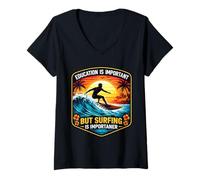 Women's Education is Important But Surfing is Importanter Surfer Fun V-Neck T-Shirt