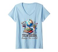 Women's Educator Appreciation World Globe Books Art Supplies V-Neck T-Shirt